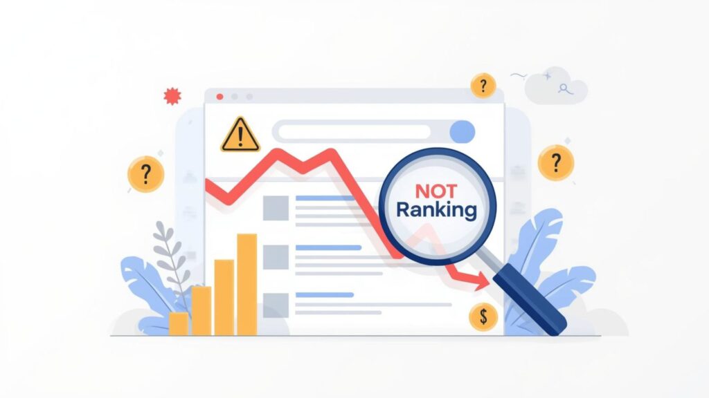 “Illustration showing SEO ranking issues with warning icons, downward graph, and magnifying glass highlighting website not ranking on Google.”